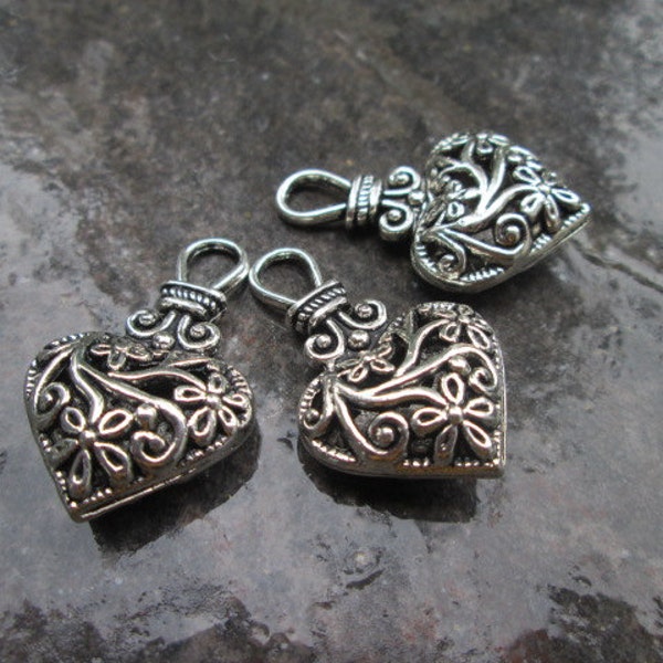 Silver Filigree Puffed Heart Charms with loop Package of 3 Valentines Day charms or pendants