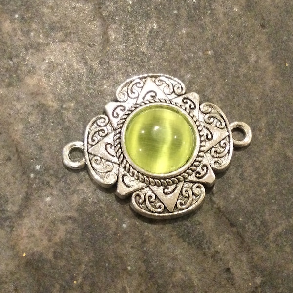 Tibetan style Lime Green Cat Eye and antique silver connectors with great detail perfect for jewelry making