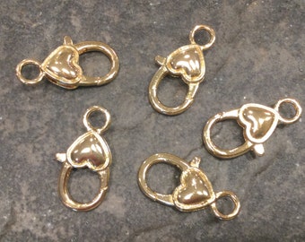 Large Heart lobster claw clasps Package of 5 bright gold  clasps for jewelry making