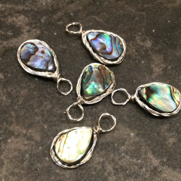 Rustic Abalone Shell wire wrapped pendants ONE teardrop shaped charm with Beautiful colors and silver loop
