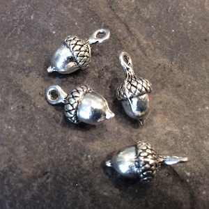 May include: Four silver acorn charms with a loop for attaching to jewelry or other crafts.