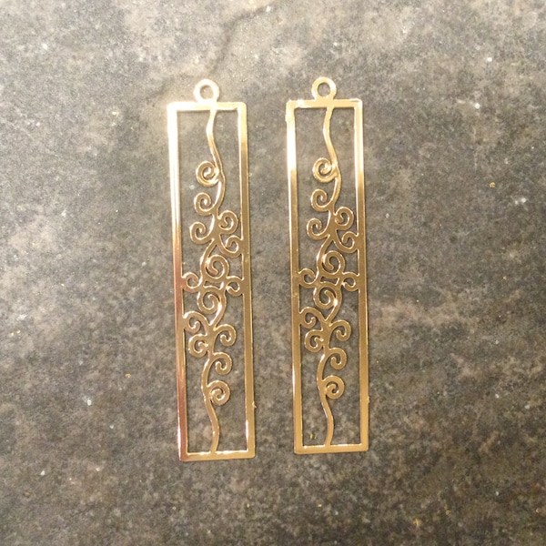 Long Gold Vertical Bar Charms with filigree detail for Boho style Pendants and Minimalist Necklaces Package of 2 Boho Pendants