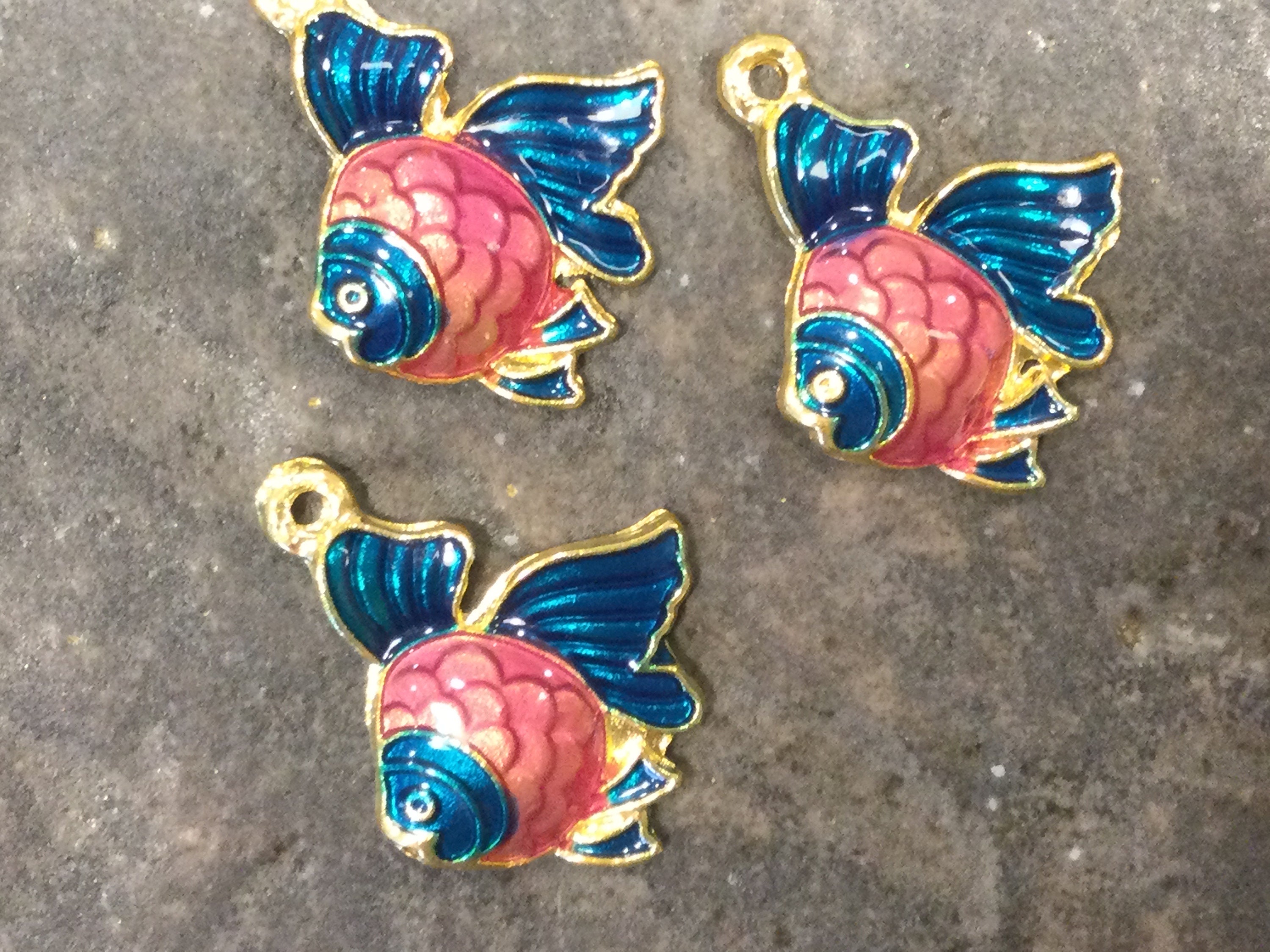 Enamel Fish Charms Package of 3 Charms gold finish Beach Theme Etsy