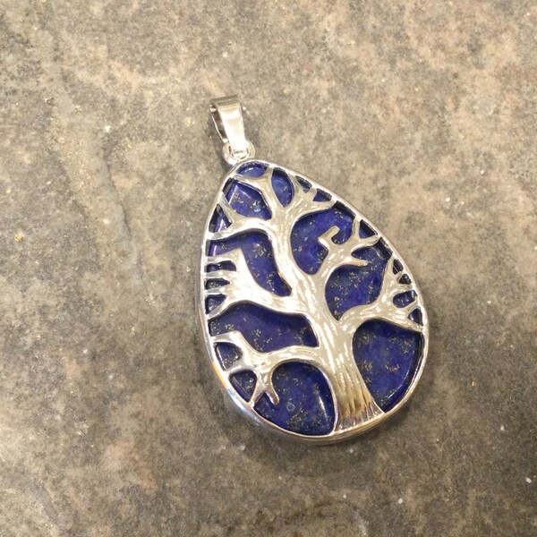 Lapis Lazuli teardrop  pendant with tree of life detail One Platinum plated gemstone pendant for jewelry making