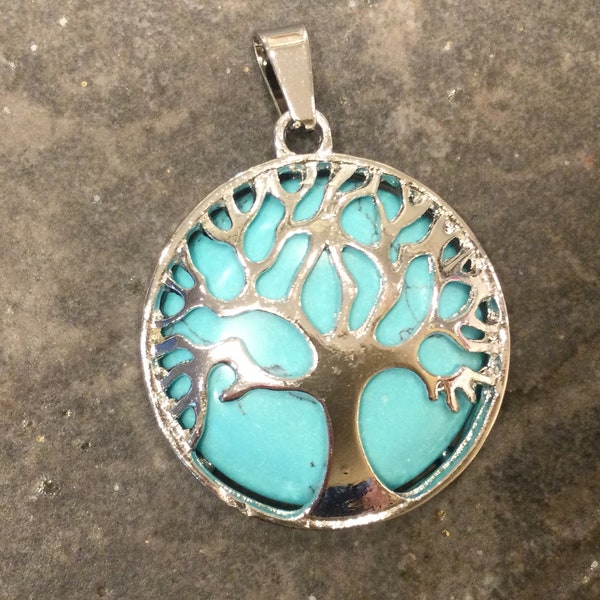 Turquoise gemstone pendant with tree of life detail One Platinum plated gemstone pendant for jewelry making