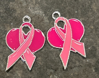 CLEARANCE Pink Enamel Breast Cancer Awareness Ribbon and heart charms  Package of 2 charms
