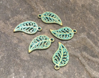 Antique gold with green patina filigree leaf charms Package of 5 charms Fall craft charms