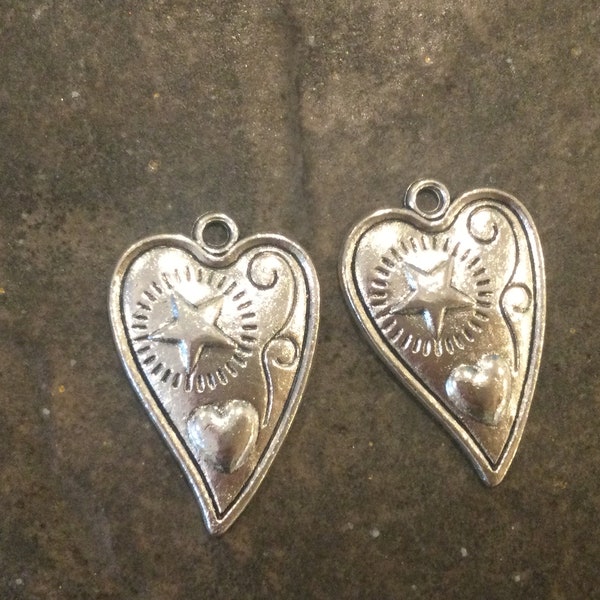 Rustic Artisan style heart charms with star detail Package of 2 charms for jewelry making