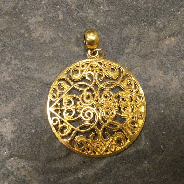 Round Yellow gold Tibetan pendants with Filigree heart pattern Great quality focal pendants sold by the piece