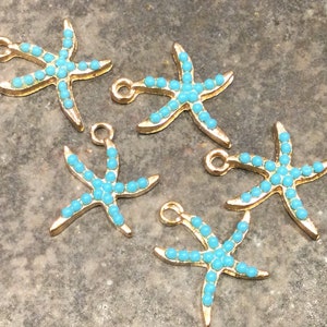 Gold Starfish charms with turquoise beaded detail Package of 5 charms Beach theme charms