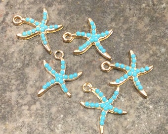 Gold Starfish charms with turquoise beaded detail Package of 5 charms Beach theme charms