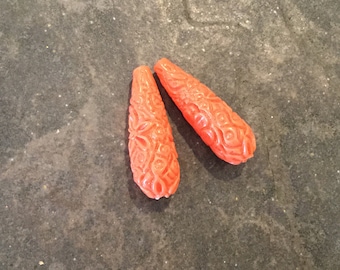 Cinnabar Teardrop beads Package of  2 beads Coral color Chinese carved beads