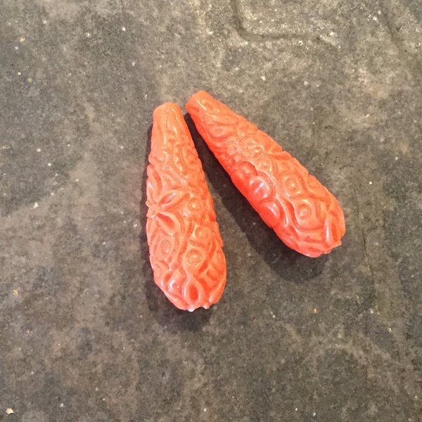 Cinnabar Teardrop beads Package of  2 beads Coral color Chinese carved beads