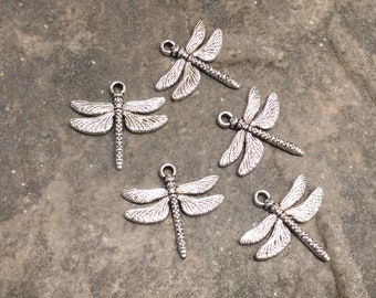 Silver Dragonfly charms Package of 5 charms perfect for adjustable bangle bracelets Antique silver finish dragonfly charms