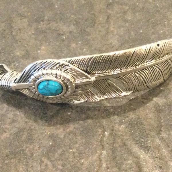 Silver feather bracelet  connector with Turquoise color stone Great for men’s jewelry One connector