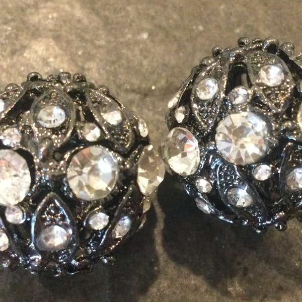 CLEARANCE Jeweler’s quality lacy filigree and rhinestone round beads package of 2 gunmetal finish focal beads
