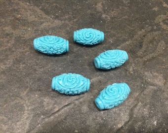 Cinnabar barrel beads Package of 5 beads Aqua blue Chinese carved beads