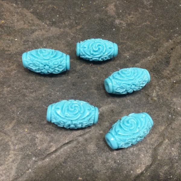 Cinnabar barrel beads Package of 5 beads Aqua blue Chinese carved beads