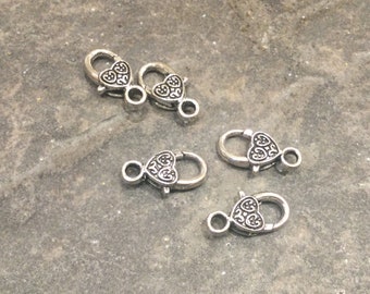Small Heart filigree lobster claw clasps Package of 5 antique silver clasps for jewelry making