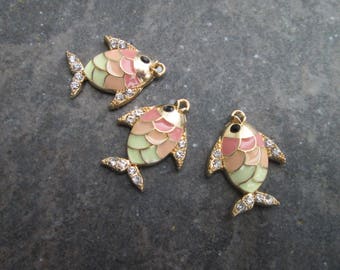 Enamel Fish Charms with Rhinestone Detail Package of 3 Charms Beach Theme Charms