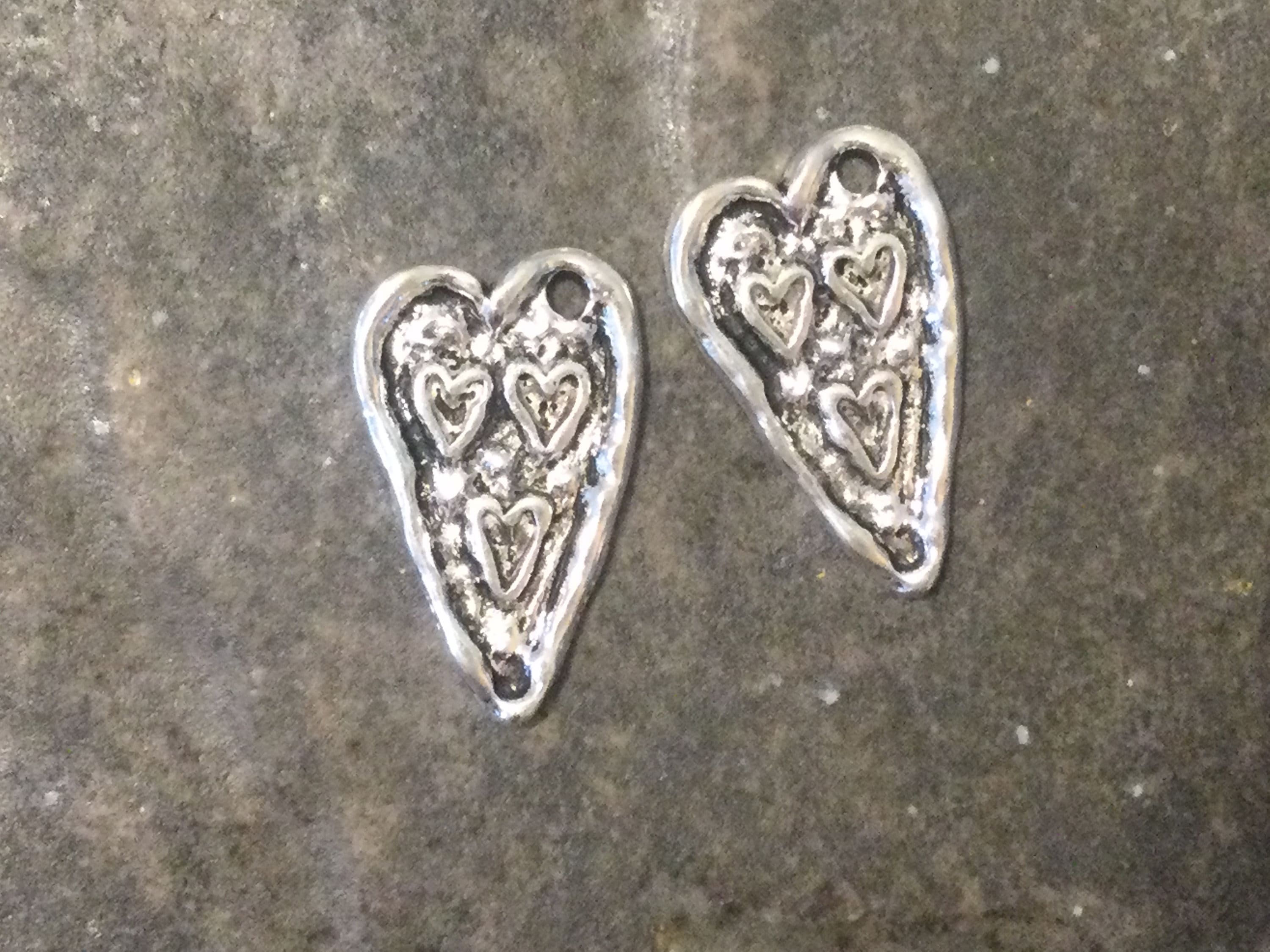 Rustic Artisan Style Heart Charms with Vine Detail Package of 2 Charms for Jewelry Making