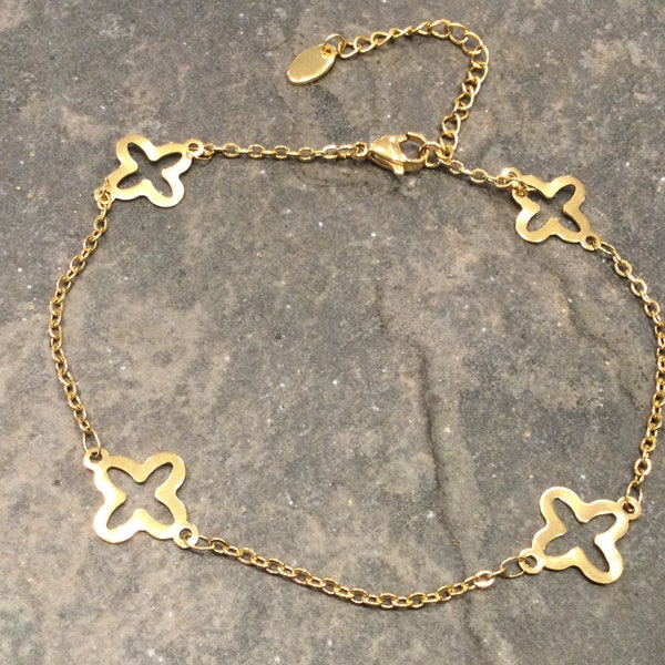 CLEARANCE Gold Stainless Steel Clover link Ankle Bracelet  9” with 1 1/2” extender chain anklet