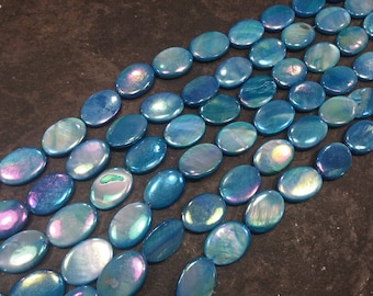 Aqua blue rainbow oval Shell coin pearl beads 17mm One 15” strand of freshwater shell beads