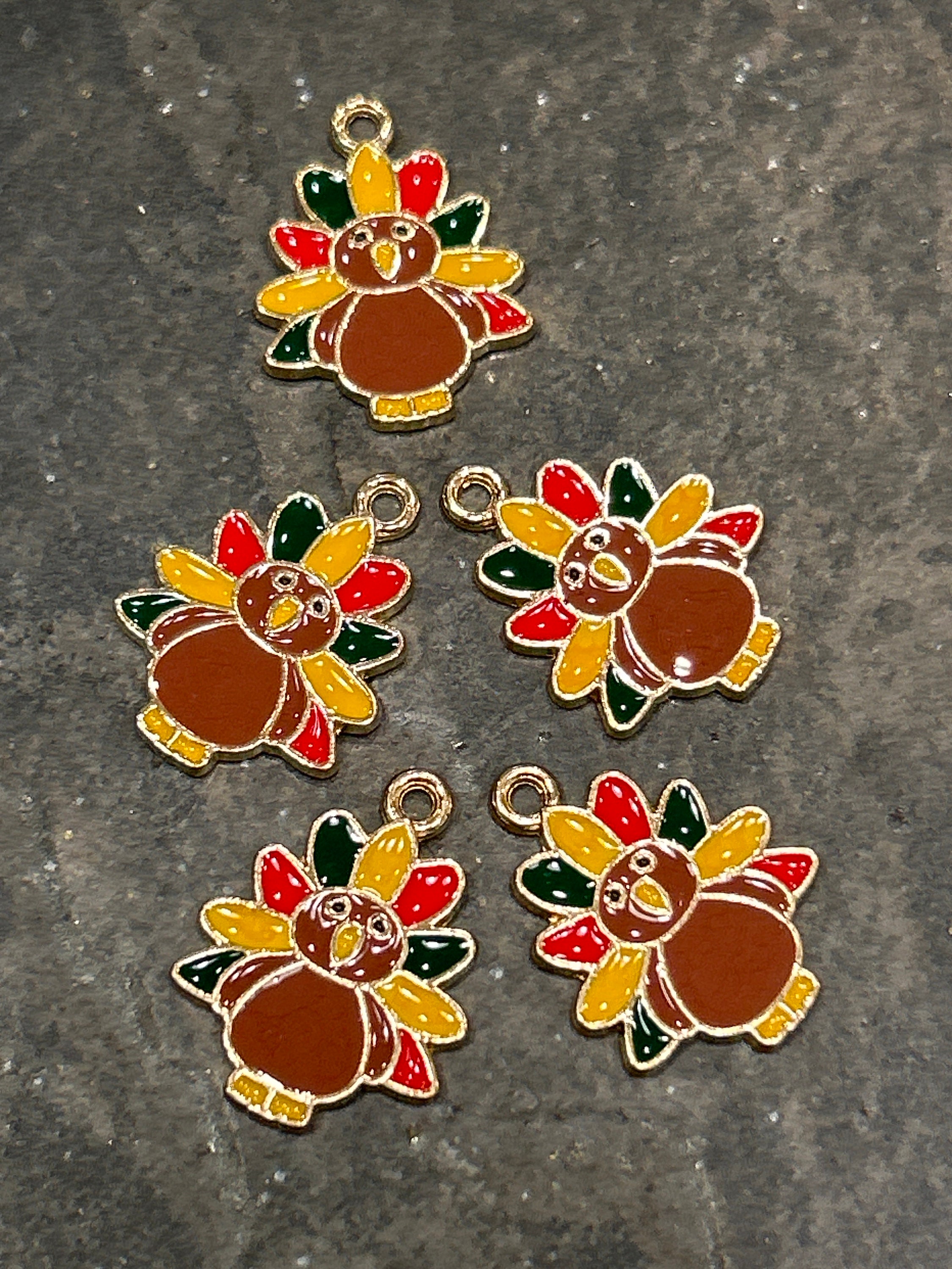 Thanksgiving Turkey charms in antique gold finish with enamel detail Package of 5 charms