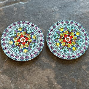 Large Wood Mandala charms with Aqua blue floral print round charms great for Boho earrings! Package of 2 charms