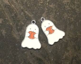 Enamel Halloween Ghost and Pumpkin Charms Package of 2 silver finish charms