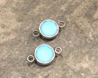 Milky Aqua blue bezel set faceted glass connector charms Package of 2 silver stainless steel charms