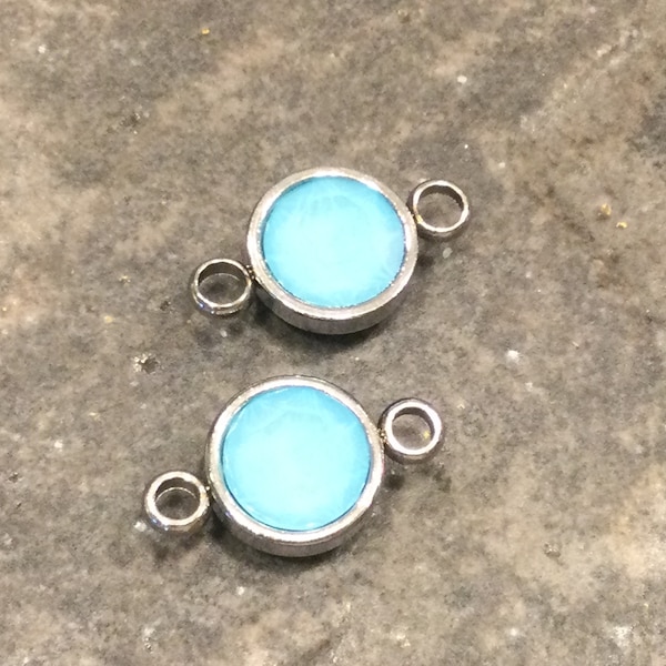 Milky Aqua blue bezel set faceted glass connector charms Package of 2 silver stainless steel charms