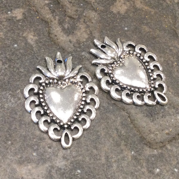 Sacred Heart pendants perfect for jewelry making Package of 2 antique silver charms Beautiful Quality