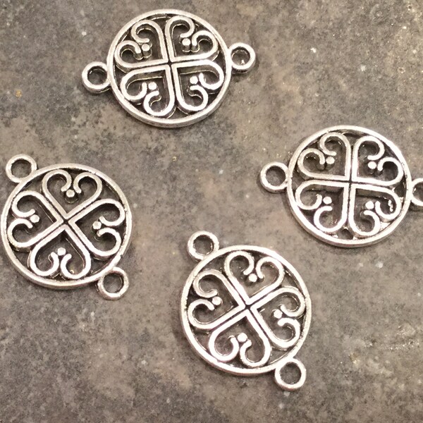 Four leaf Clover Heart connectors in Silver Finish perfect for Irish themed jewelry  Irish Charms Package of 4 charms