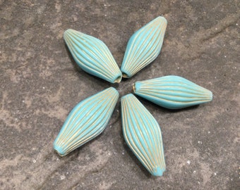 Turquoise and gold wash fluted lantern beads Package of 5 high quality resin beads