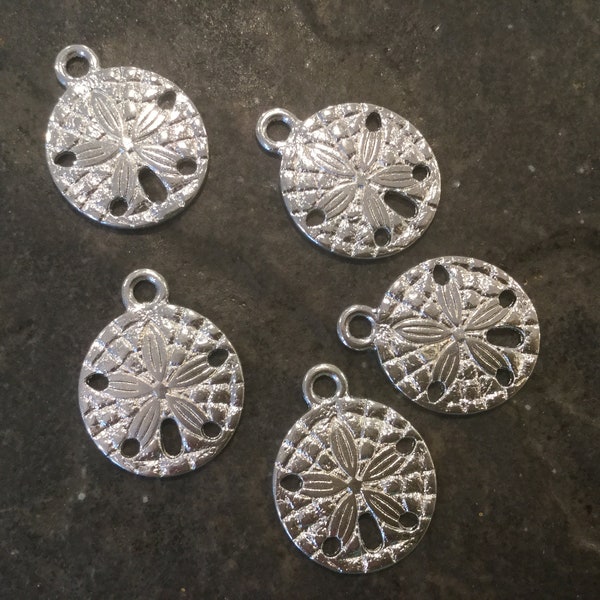 CLEARANCE Sand Dollar charms in bright silver finish Package of 5 charms Top Quality Beach theme charms