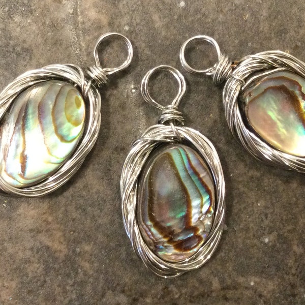 Rustic Abalone Shell wire wrapped pendants ONE oval shaped charm with Beautiful colors and silver loop