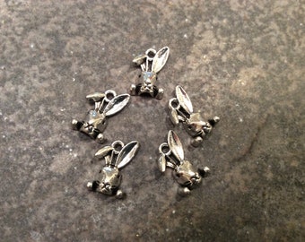 Easter Bunny Charms  package of 5 antique silver charms  Spring charms Easter charms