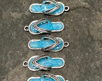 Silver Flip Flop Charms with Aqua enamel detail Package of 5 charms Beach charms Summer charms