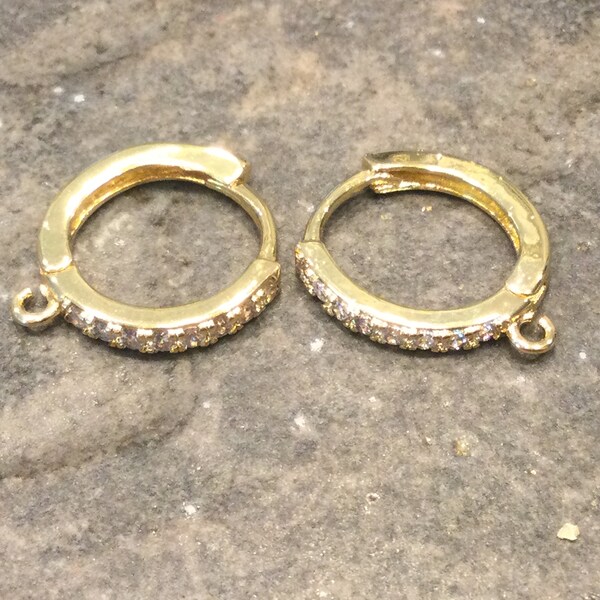 Gold plated brass huggie hoop earring findings with pave rhinestones and loop One pair Jeweler quality