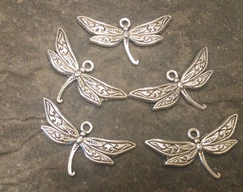 CLEARANCE Large Silver Dragonfly charms Package of 5 charms Antique silver  finish dragonfly charms