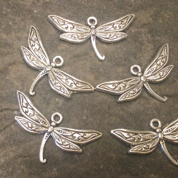 CLEARANCE Large Silver Dragonfly charms Package of 5 charms Antique silver  finish dragonfly charms