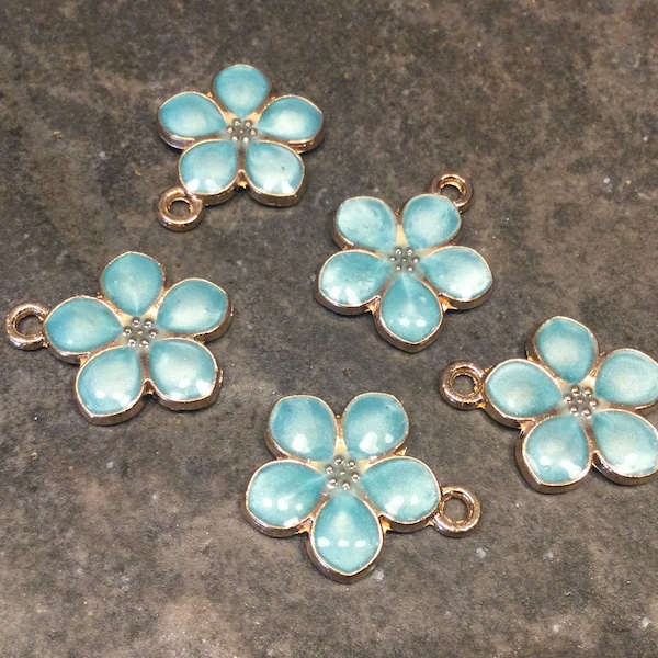 Spring Flower charms in gold finish with blue green enamel detail package of 5 charms