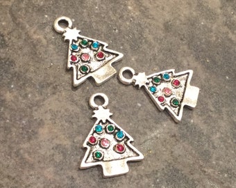 Christmas Tree charms with sparkly rhinestone detail Set of 3 charms Great for Christmas and Holiday Jewelry Making