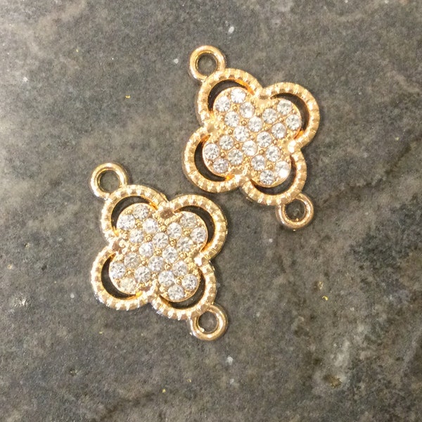 CLEARANCE Gold finish clover connectors with rhinestone detail Package of 2 connectors for jewelry making