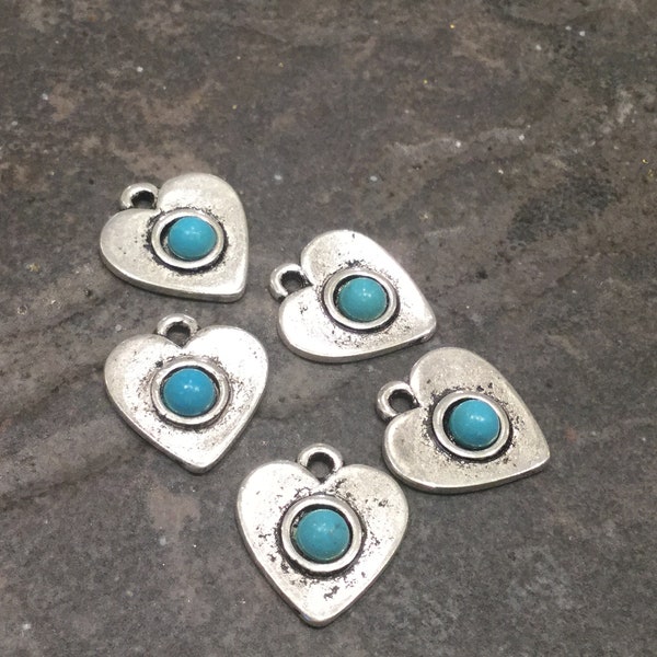 Turquoise heart pendants with Howlite cabochon Package of 5 rustic Turquoise pendant charms for jewelry making