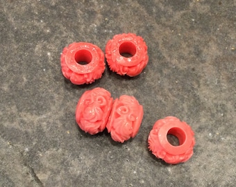 Cinnabar Rondelle beads Package of 5 large hole beads Coral color Chinese carved beads