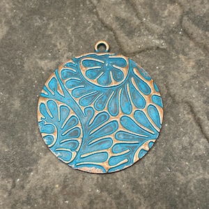 Large Round Copper patina pendant charms with floral pattern One Focal pendant for jewelry making