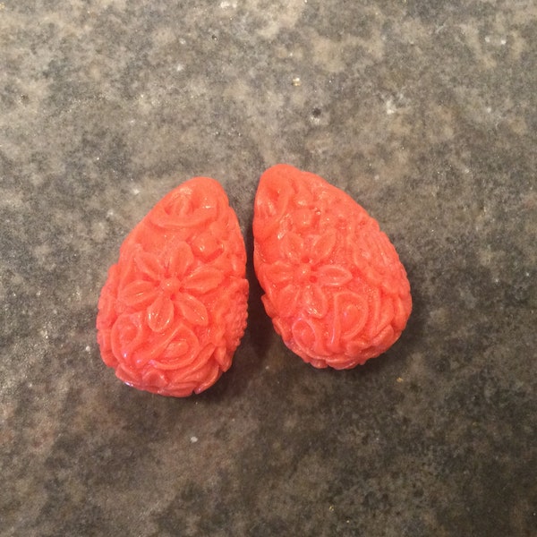 CLEARANCE Cinnabar Teardrop beads Package of  2 beads Coral color Chinese carved beads