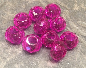 SPECIAL BUY Fuchsia Pink large hole Rondelle beads for European bracelets Package of 10 faceted glass beads